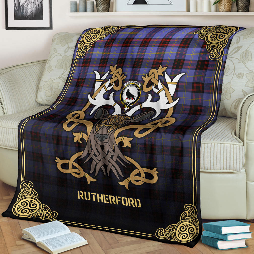 Rutherford Tartan Crest Premium Blanket - Celtic Stag style