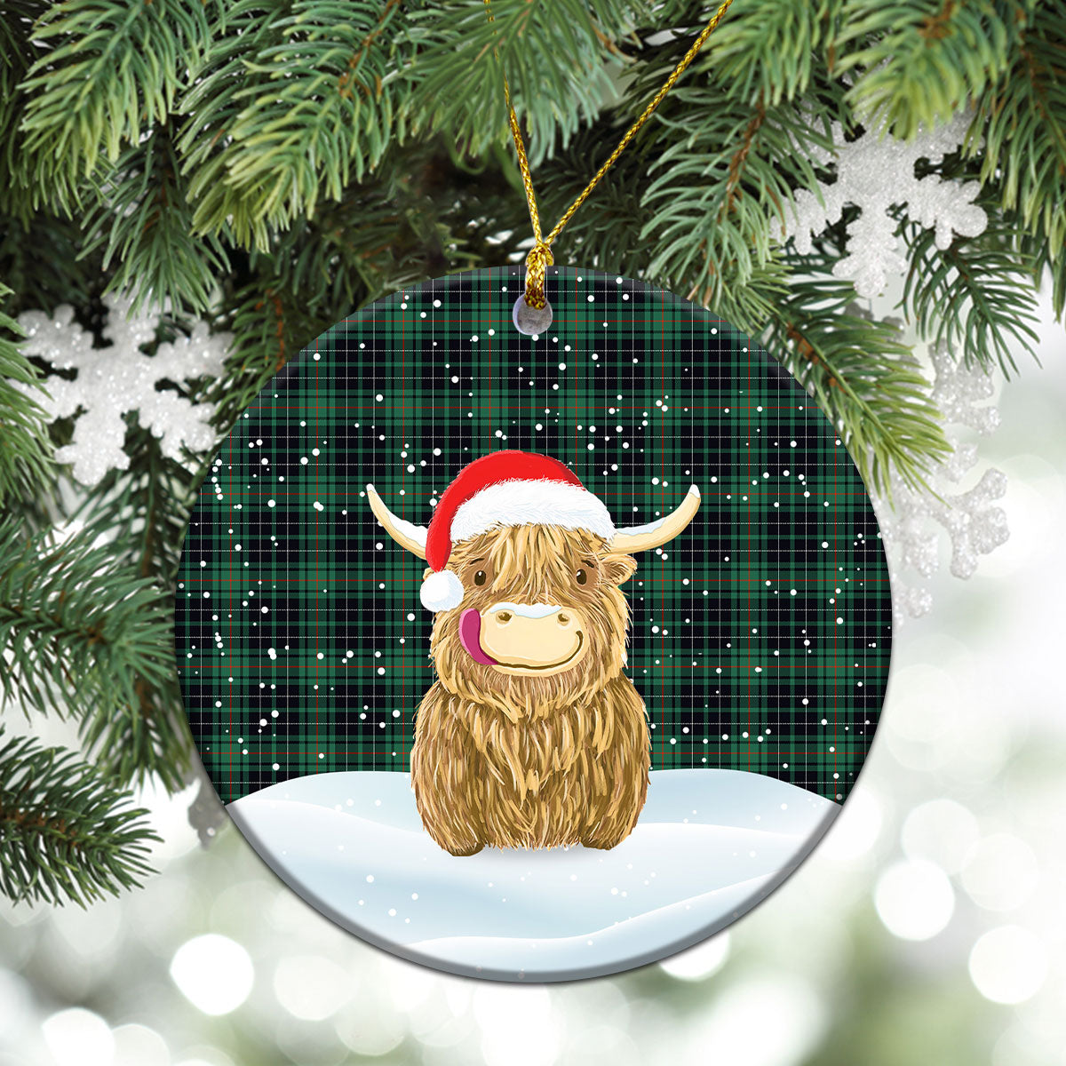 MacAulay Hunting Ancient Tartan Christmas Ceramic Ornament - Highland Cows Style