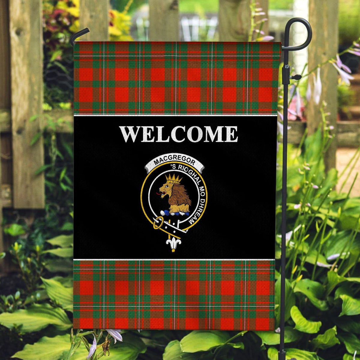 MacGregor Tartan Crest Black Garden Flag