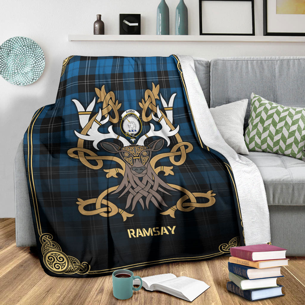 Ramsay Blue Ancient Tartan Crest Premium Blanket - Celtic Stag style