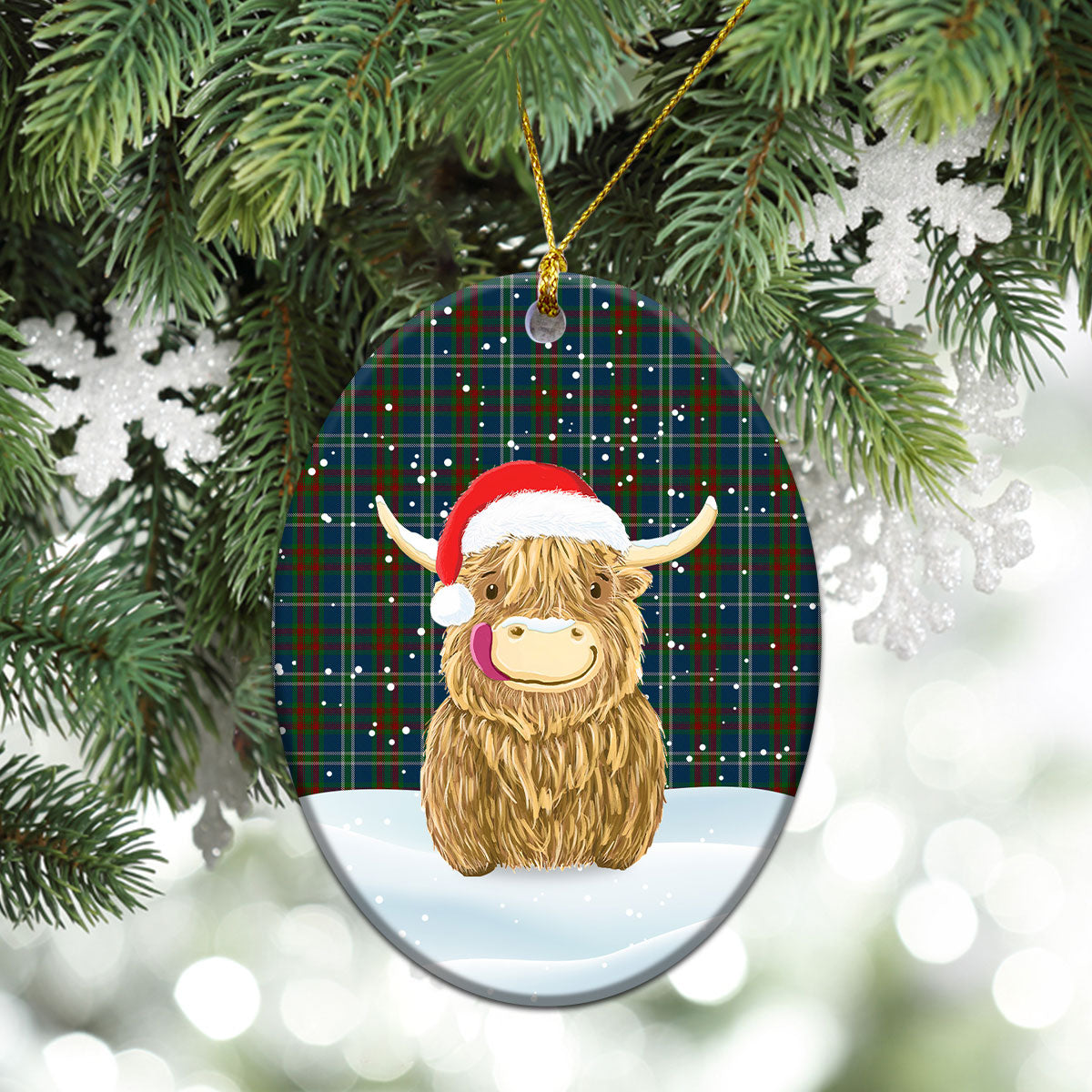 Cathcart Tartan Christmas Ceramic Ornament - Highland Cows Style