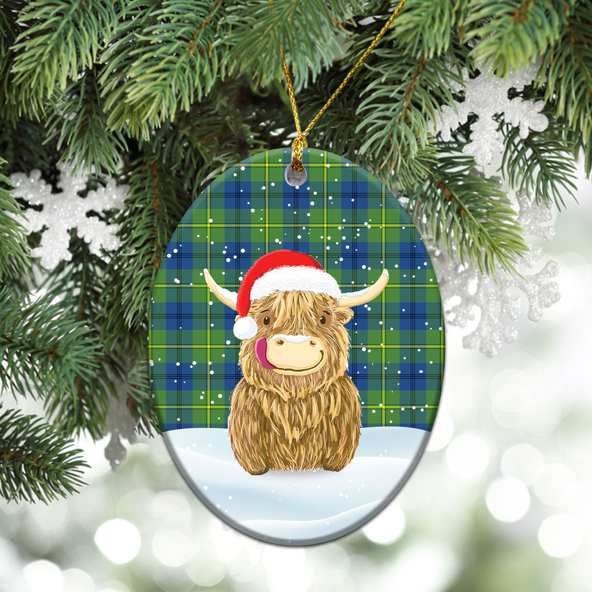 Johnson Ancient Tartan Christmas Ceramic Ornament - Highland Cows Style