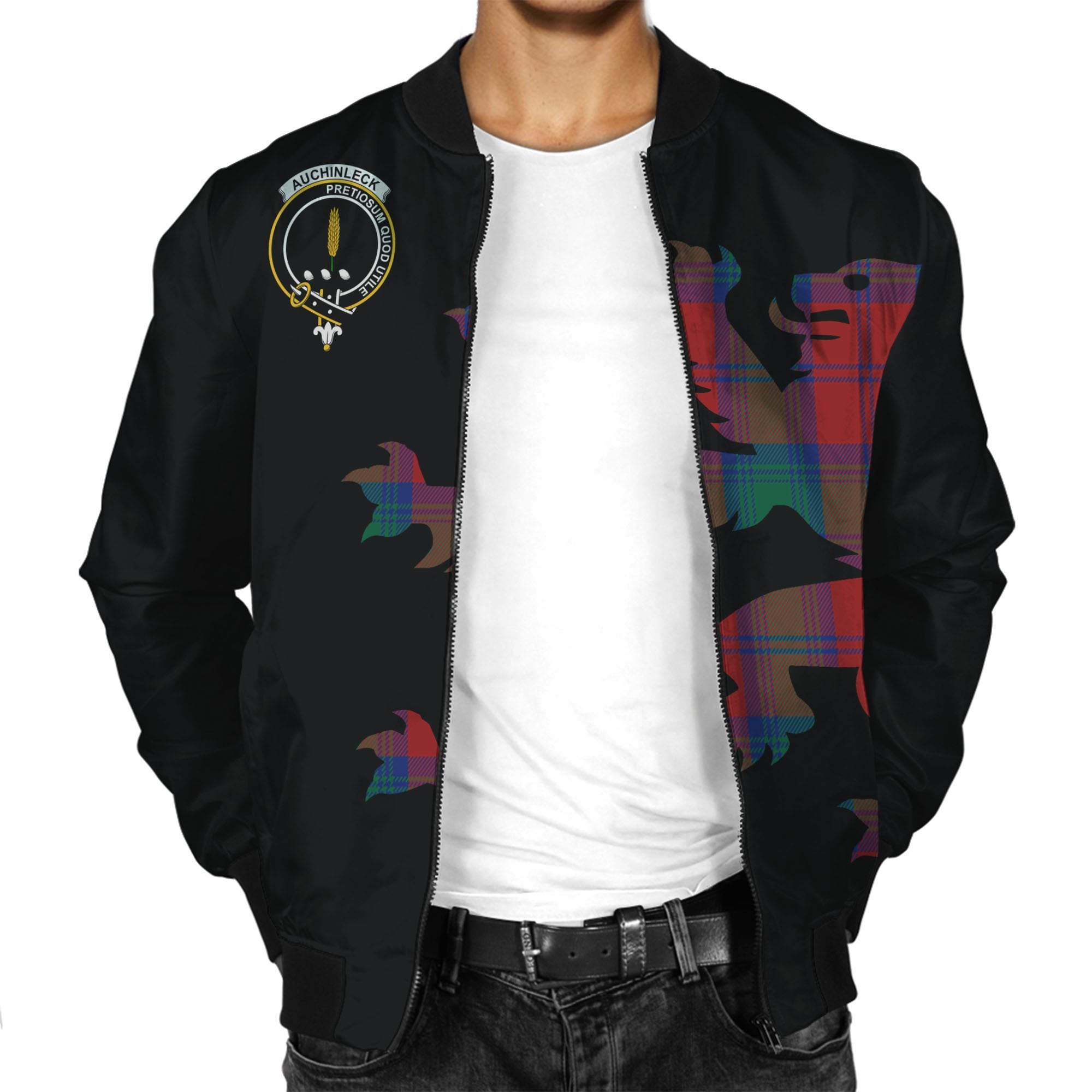 Auchinleck or Affleck Tartan Bomber Jacket Lion & Thistle