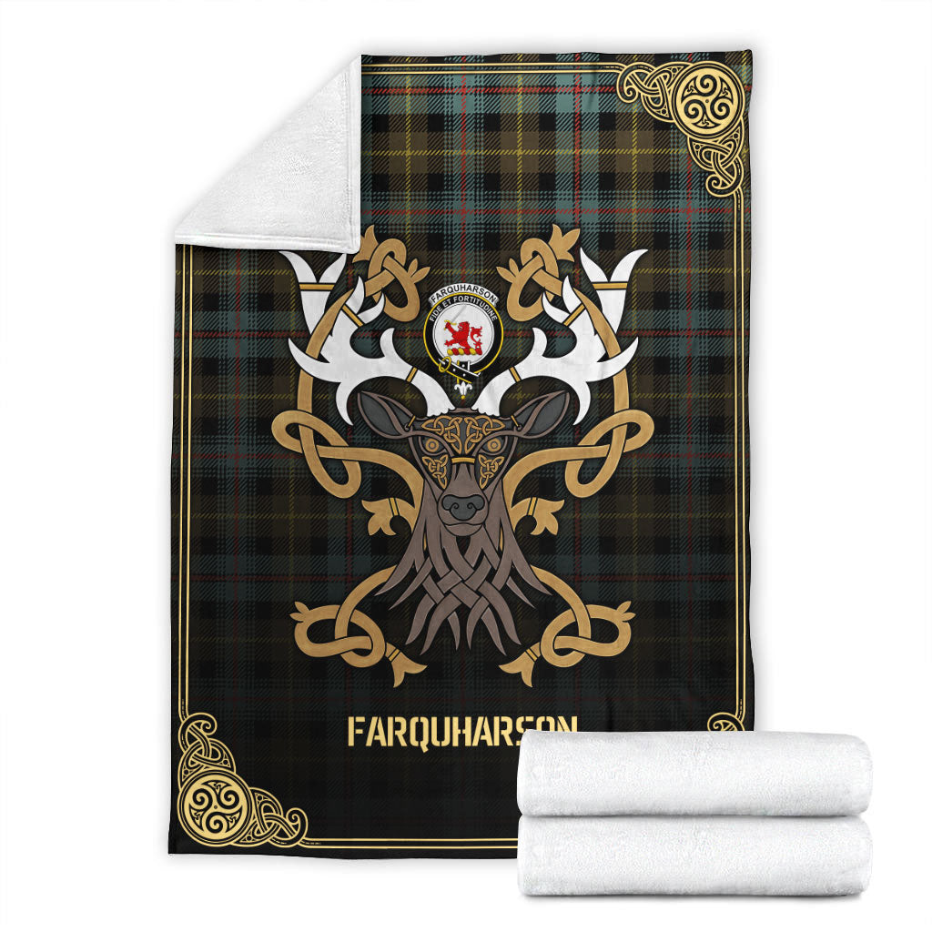 Farquharson Weathered Tartan Crest Premium Blanket - Celtic Stag style