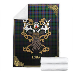 Logan Ancient Tartan Crest Premium Blanket - Celtic Stag style