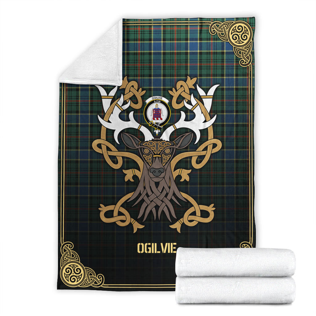 Ogilvie Hunting Ancient Tartan Crest Premium Blanket - Celtic Stag style