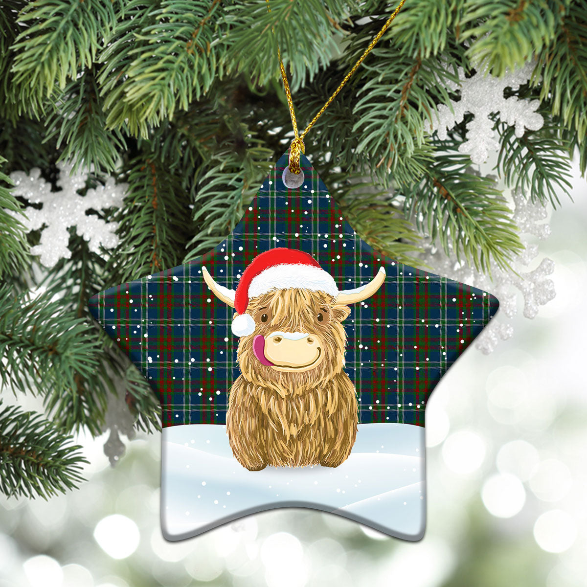 Cathcart Tartan Christmas Ceramic Ornament - Highland Cows Style