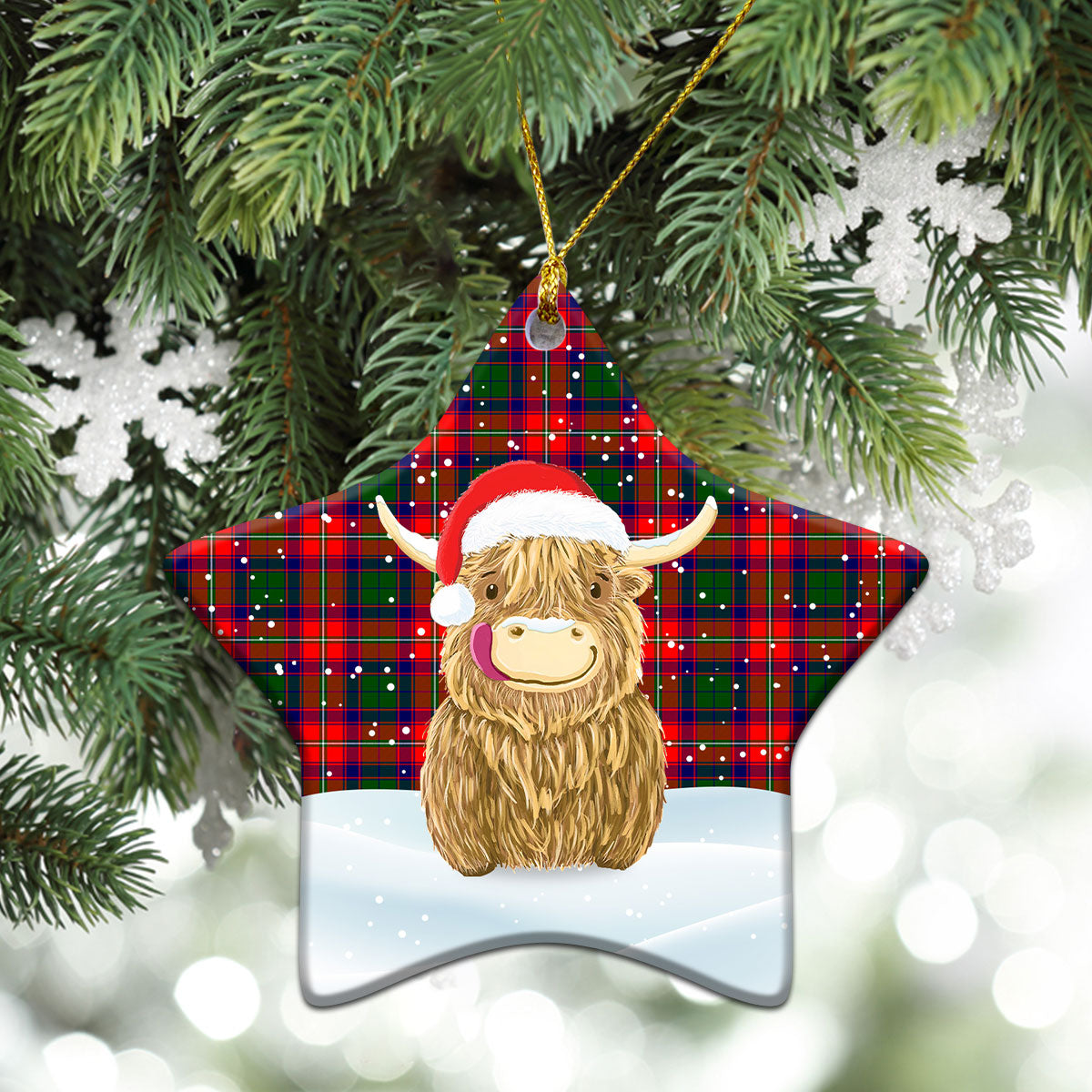Charteris (Earl of Wemyss) Tartan Christmas Ceramic Ornament - Highland Cows Style