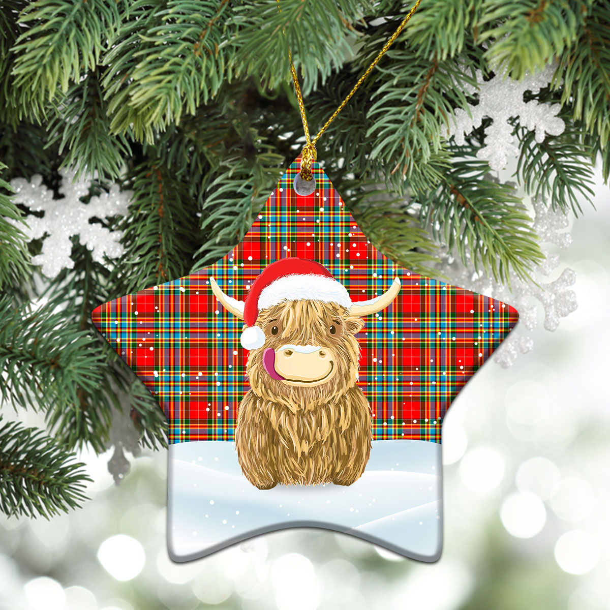 Chattan Tartan Christmas Ceramic Ornament - Highland Cows Style