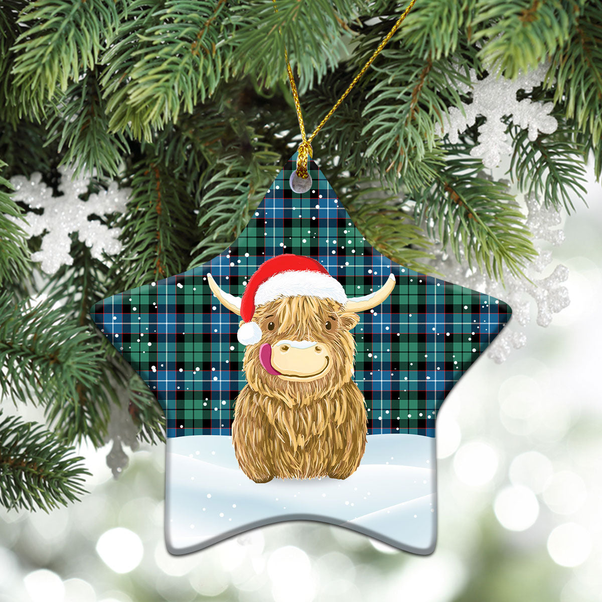 Galbraith Ancient Tartan Christmas Ceramic Ornament - Highland Cows Style