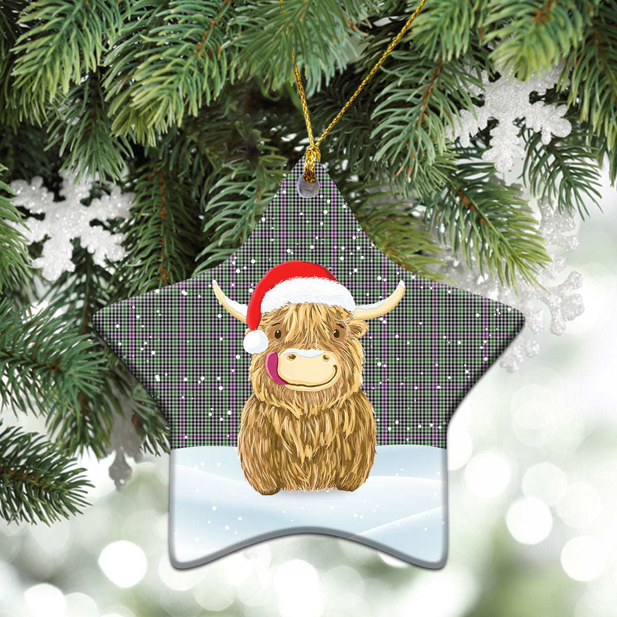 Halliday Tartan Christmas Ceramic Ornament - Highland Cows Style