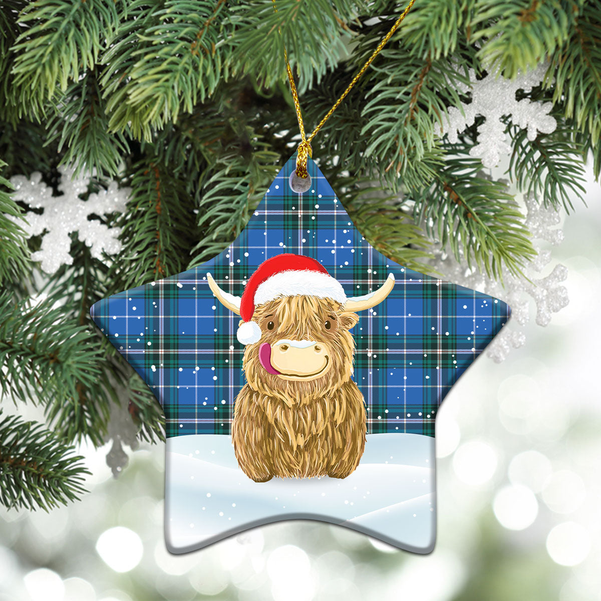 McLucas Tartan Christmas Ceramic Ornament - Highland Cows Style