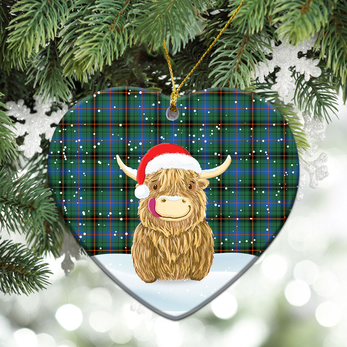 Davidson Ancient Tartan Christmas Ceramic Ornament - Highland Cows Style
