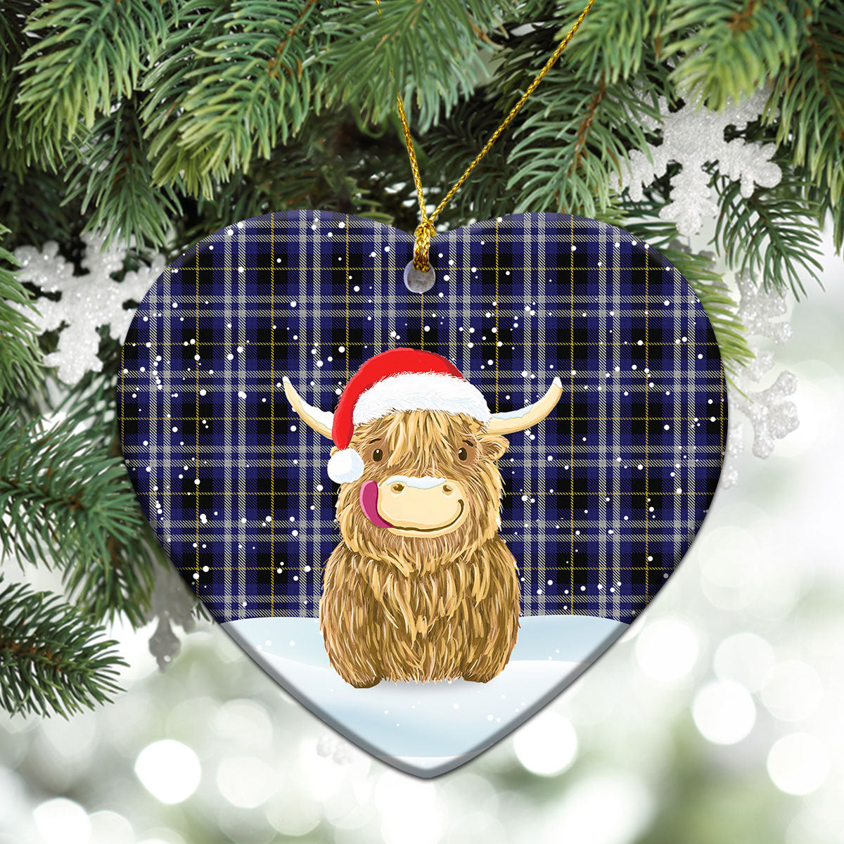 Kilmarnock Tartan Christmas Ceramic Ornament - Highland Cows Style
