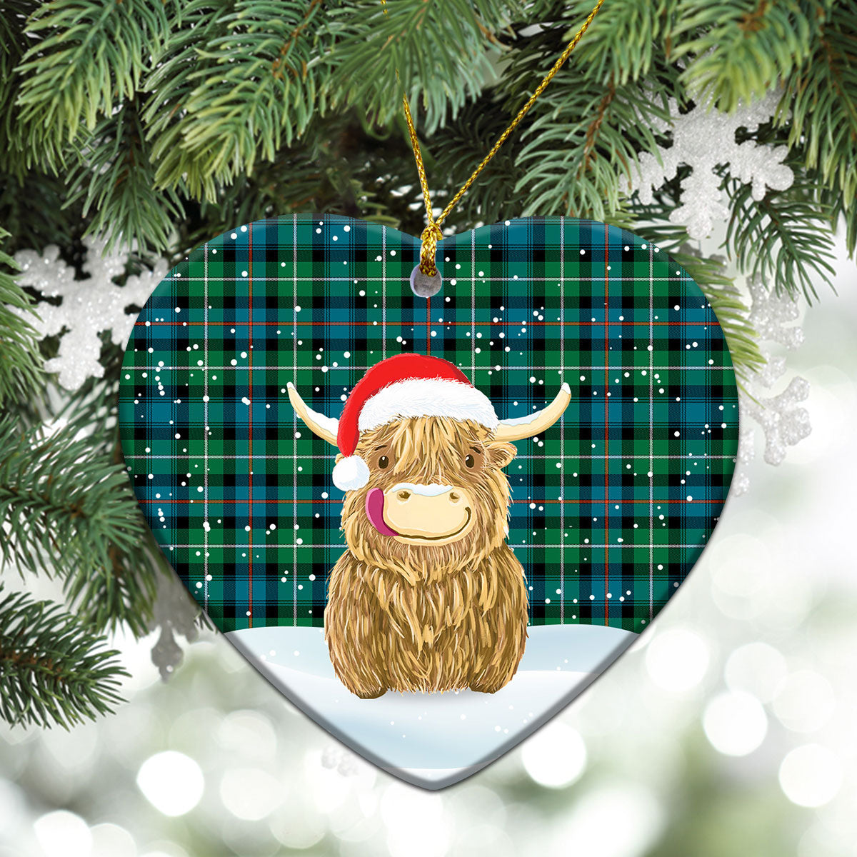 MacKenzie Ancient Tartan Christmas Ceramic Ornament - Highland Cows Style