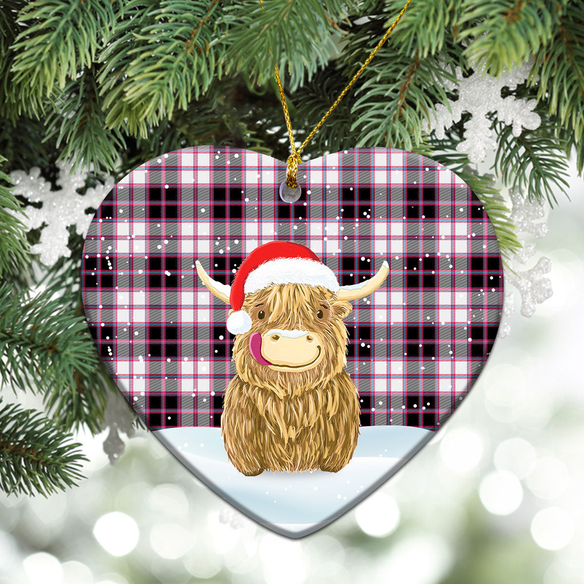 MacPherson Hunting Modern Tartan Christmas Ceramic Ornament - Highland Cows Style