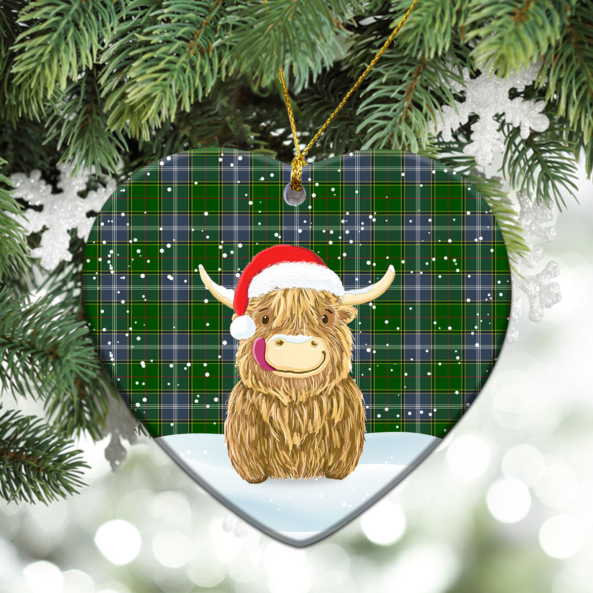 Pringle Tartan Christmas Ceramic Ornament - Highland Cows Style