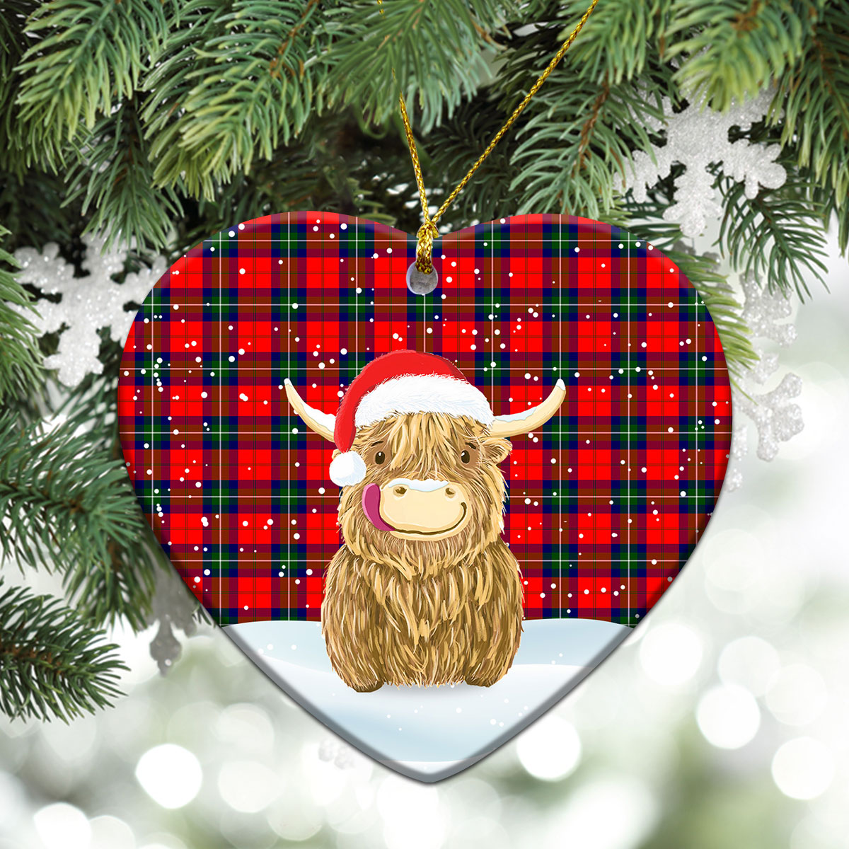 Ruthven Modern Tartan Christmas Ceramic Ornament - Highland Cows Style