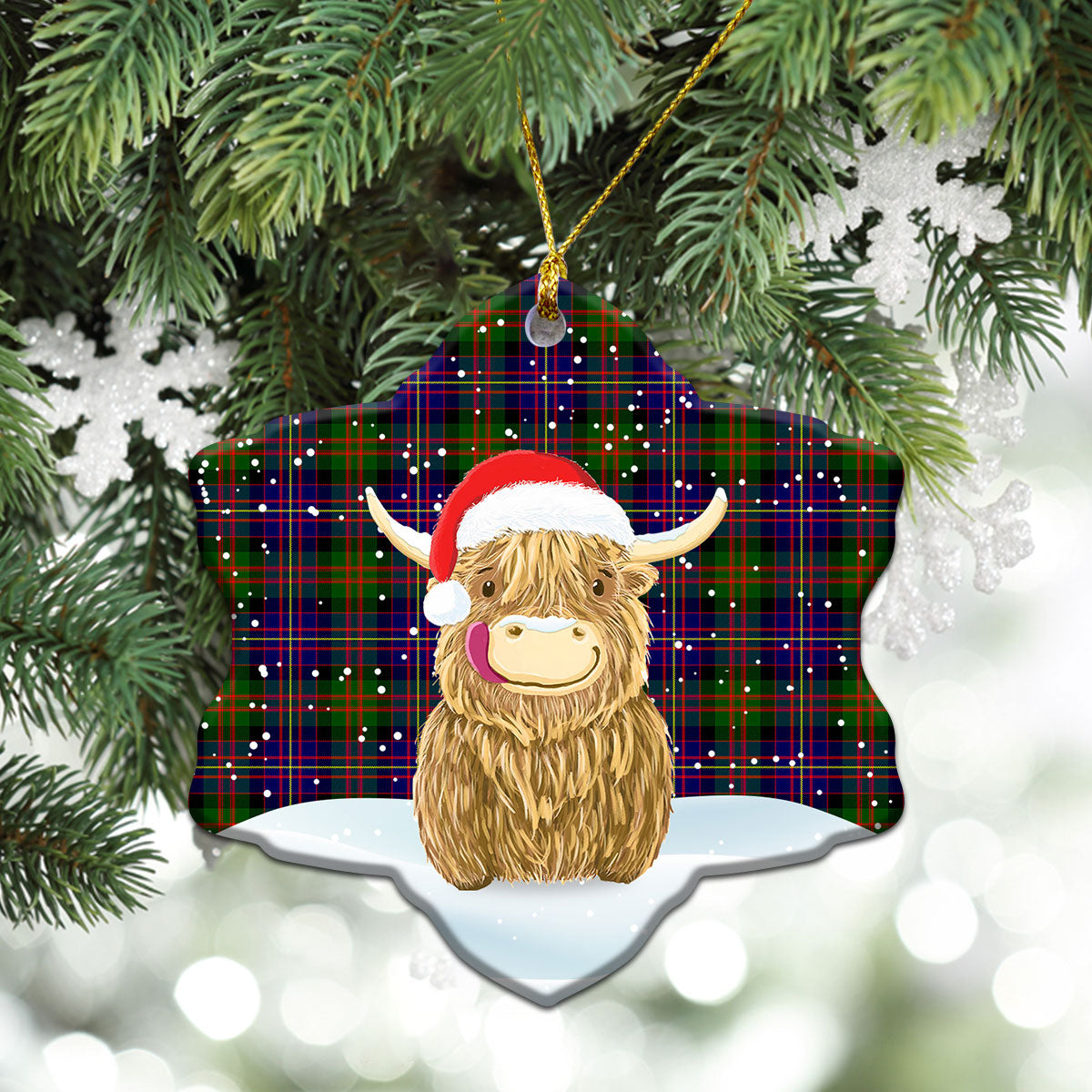 Chalmers (Balnacraig) Tartan Christmas Ceramic Ornament - Highland Cows Style