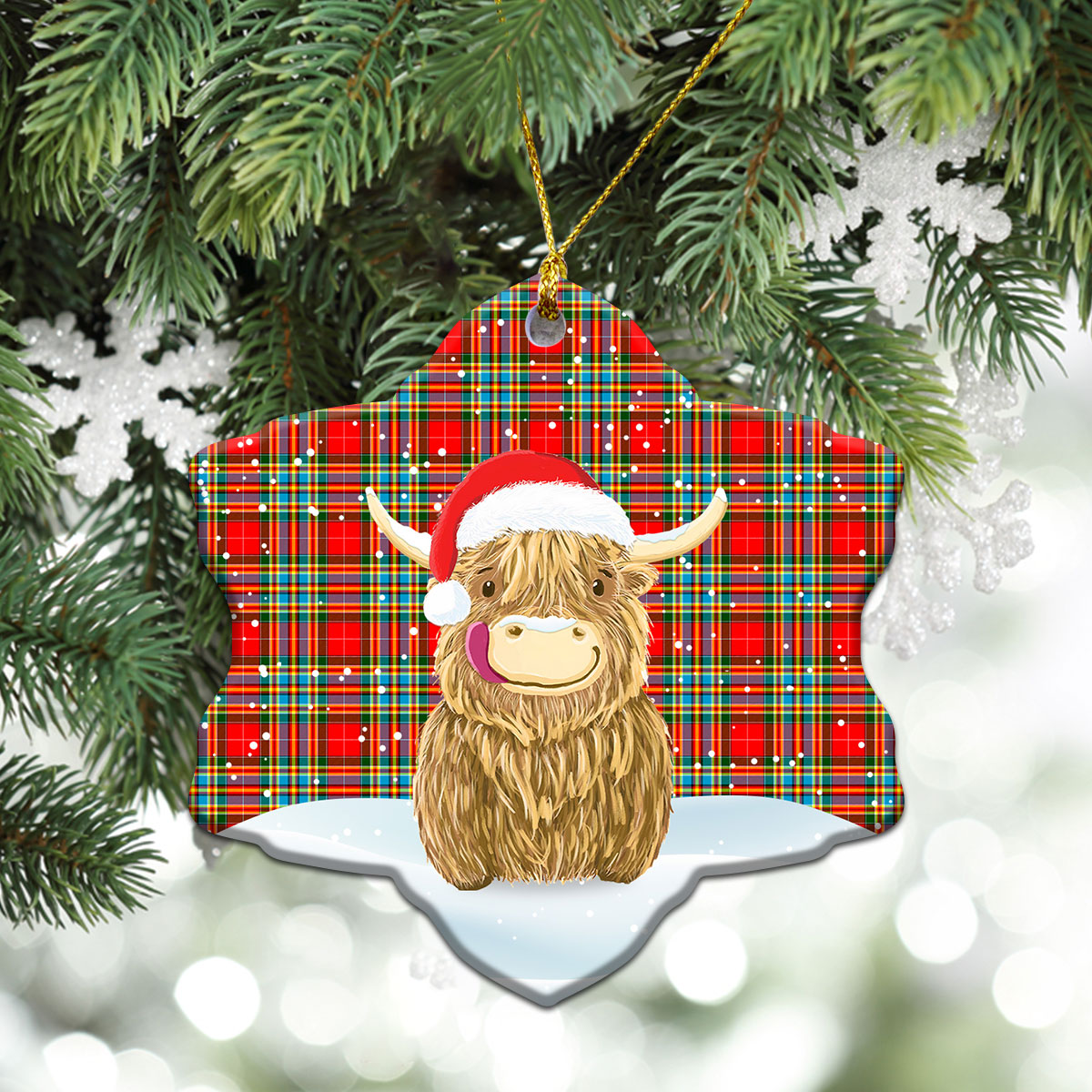 Chattan Tartan Christmas Ceramic Ornament - Highland Cows Style