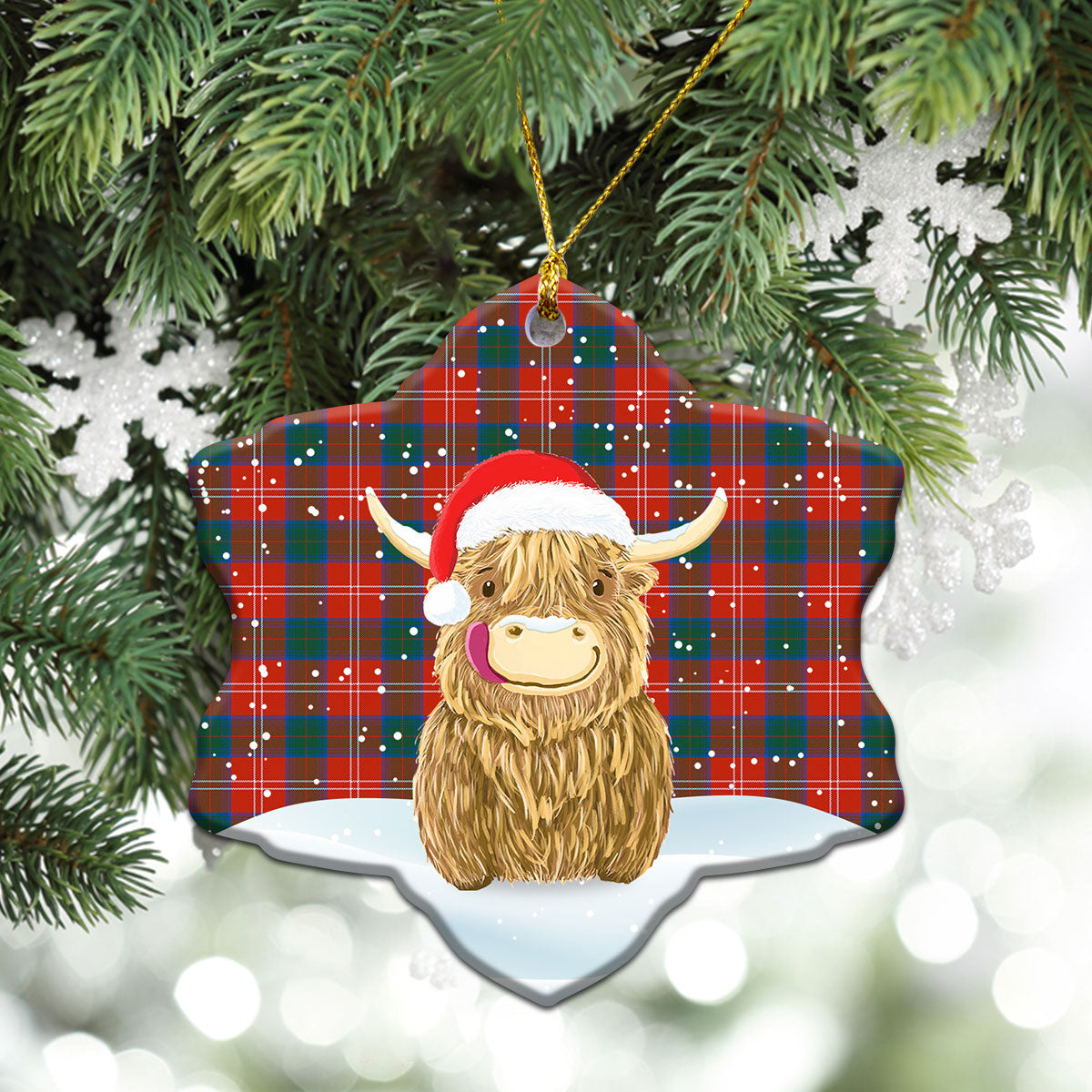Chisholm Ancient Tartan Christmas Ceramic Ornament - Highland Cows Style