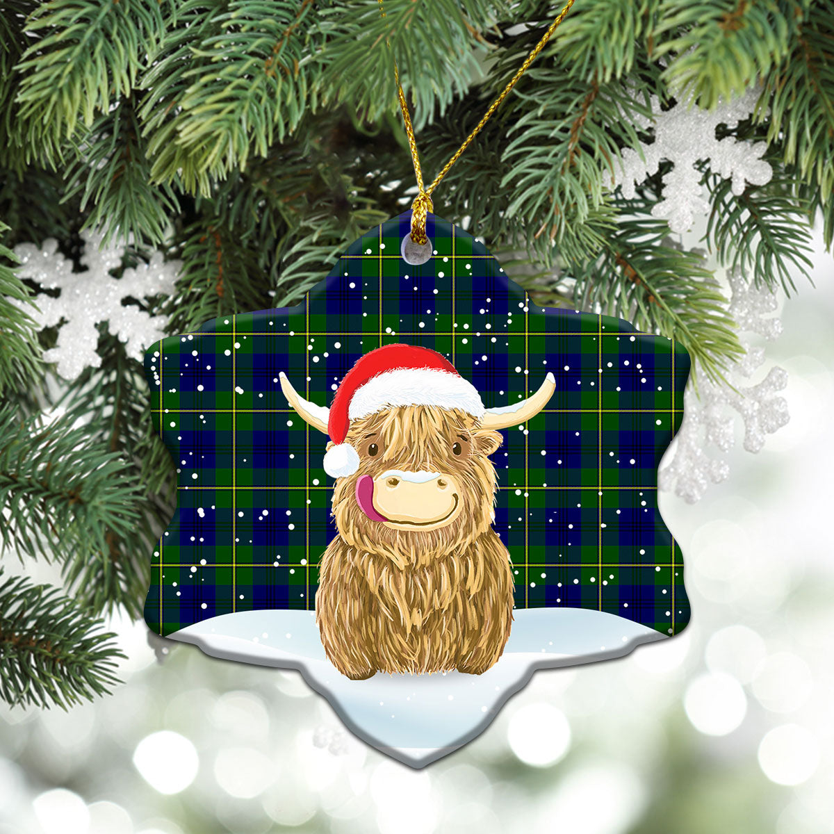 Johnson Modern Tartan Christmas Ceramic Ornament - Highland Cows Style