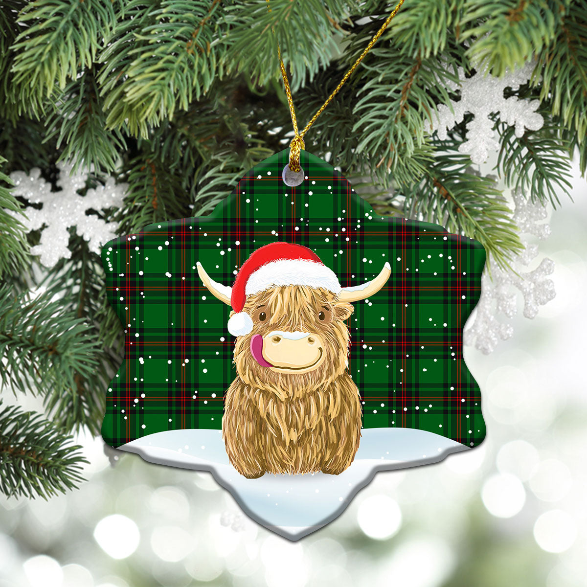 Kinnear Tartan Christmas Ceramic Ornament - Highland Cows Style