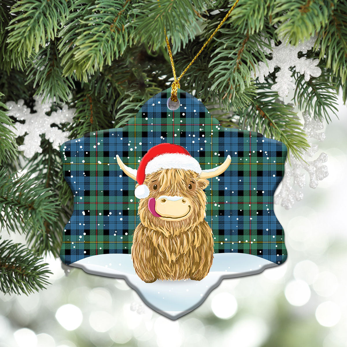 MacEwan Ancient Tartan Christmas Ceramic Ornament - Highland Cows Style