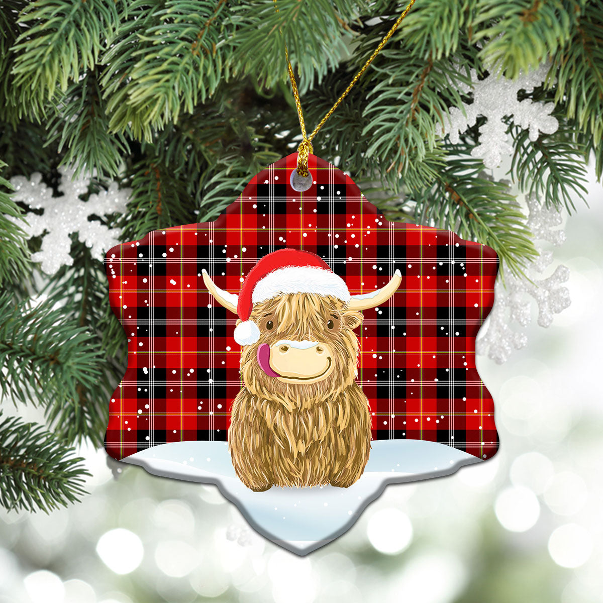 Marjoribanks Tartan Christmas Ceramic Ornament - Highland Cows Style