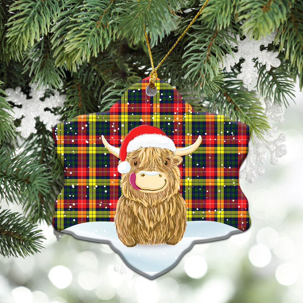 McIndoe Tartan Christmas Ceramic Ornament - Highland Cows Style