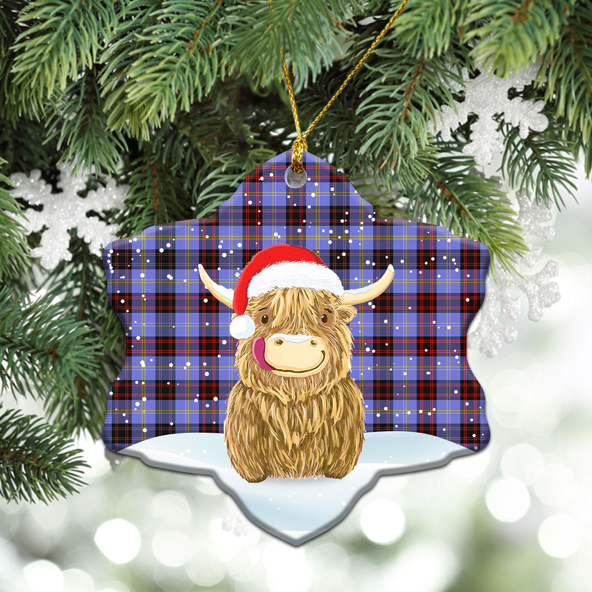 Rutherford Tartan Christmas Ceramic Ornament - Highland Cows Style