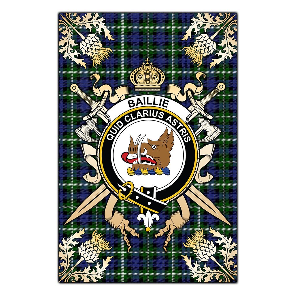 Baillie Modern Tartan Crest Black Garden Flag - Gold Thistle Style