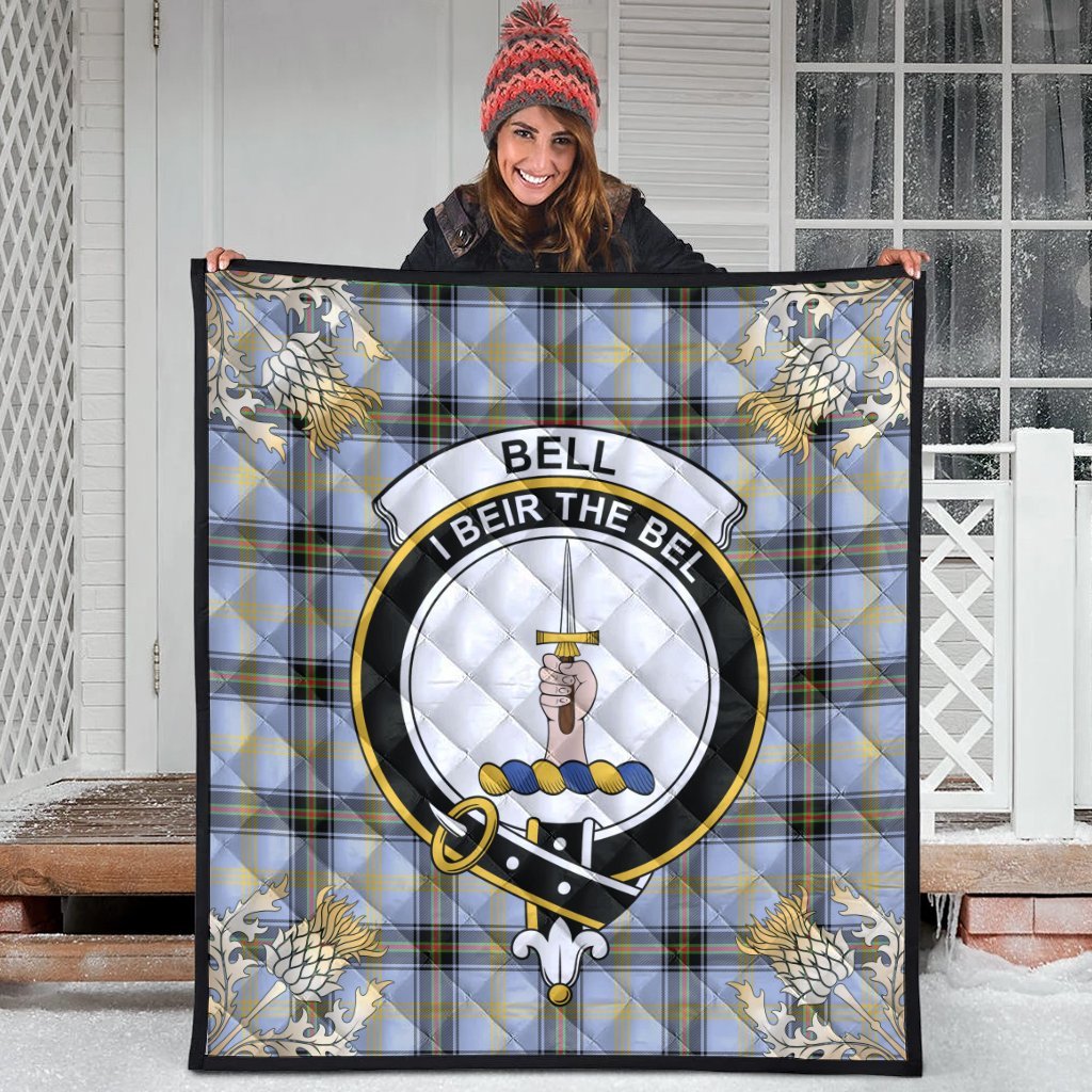 Bell of the Borders Tartan Crest Premium Quilt - Gold Thistle Style