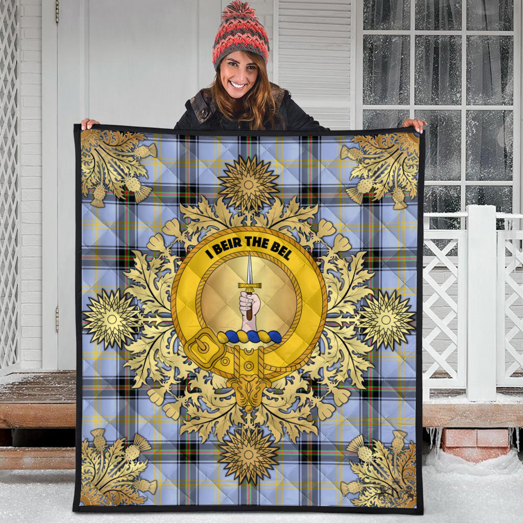 Bell of the Borders Tartan Crest Premium Quilt - Gold Thistle Style