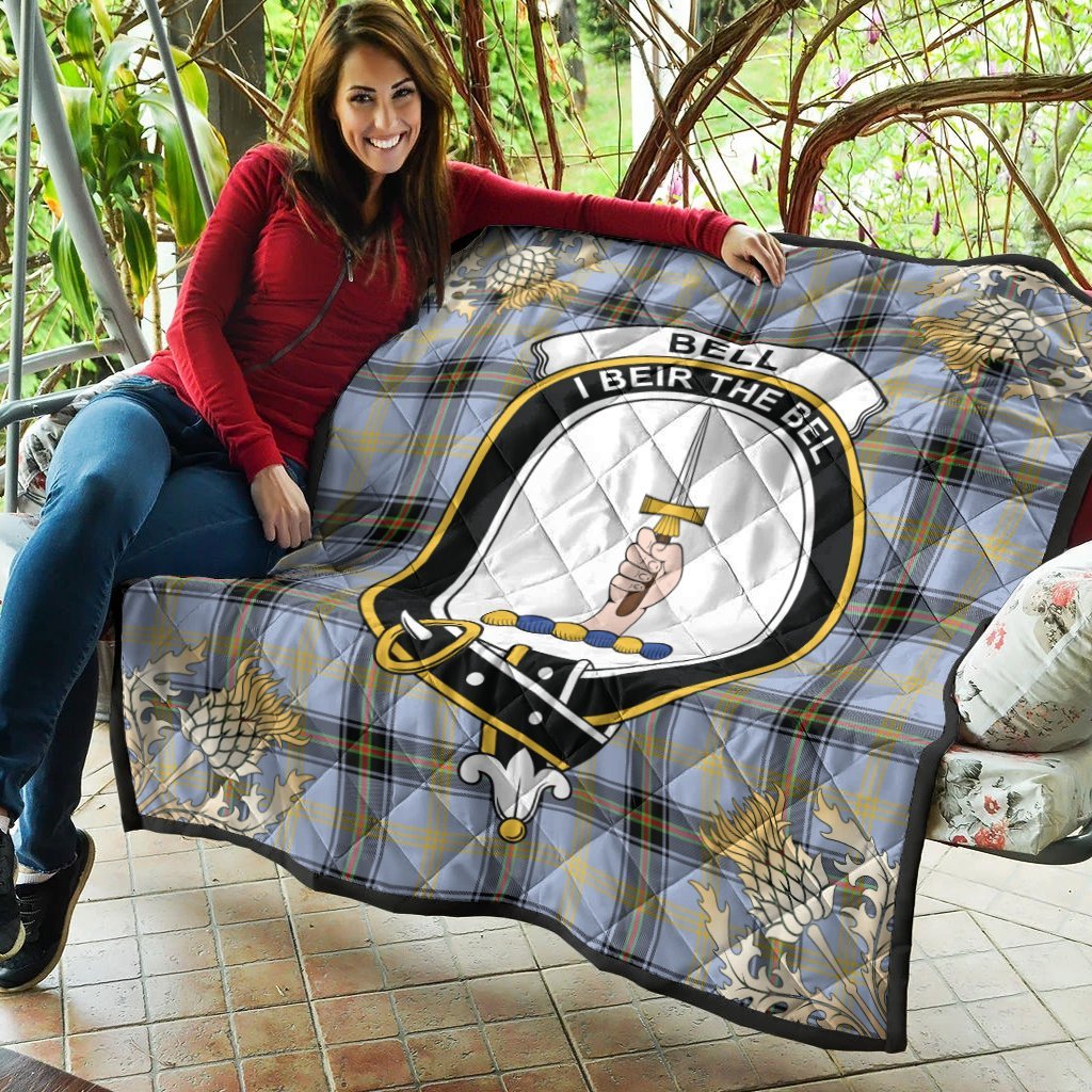 Bell of the Borders Tartan Crest Premium Quilt - Gold Thistle Style