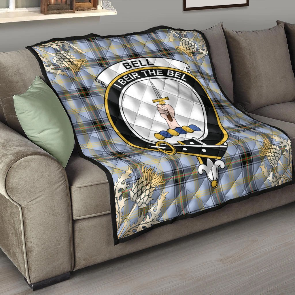 Bell of the Borders Tartan Crest Premium Quilt - Gold Thistle Style
