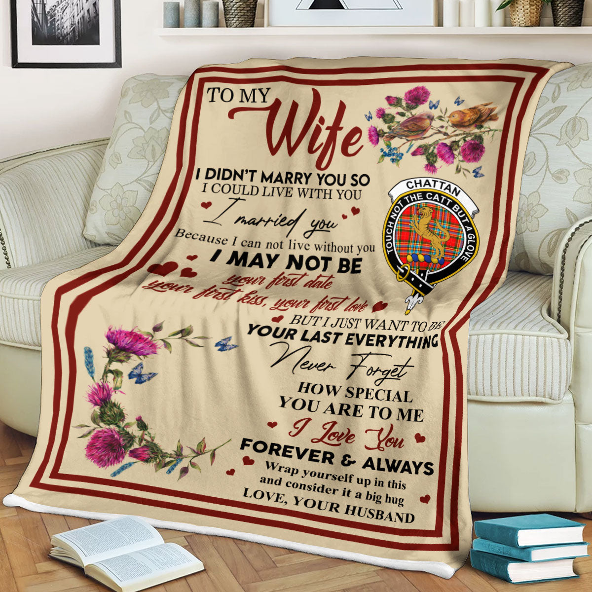 Scots Print Blanket - Chattan Tartan Crest Blanket To My Wife Style, Gift From Scottish Husband