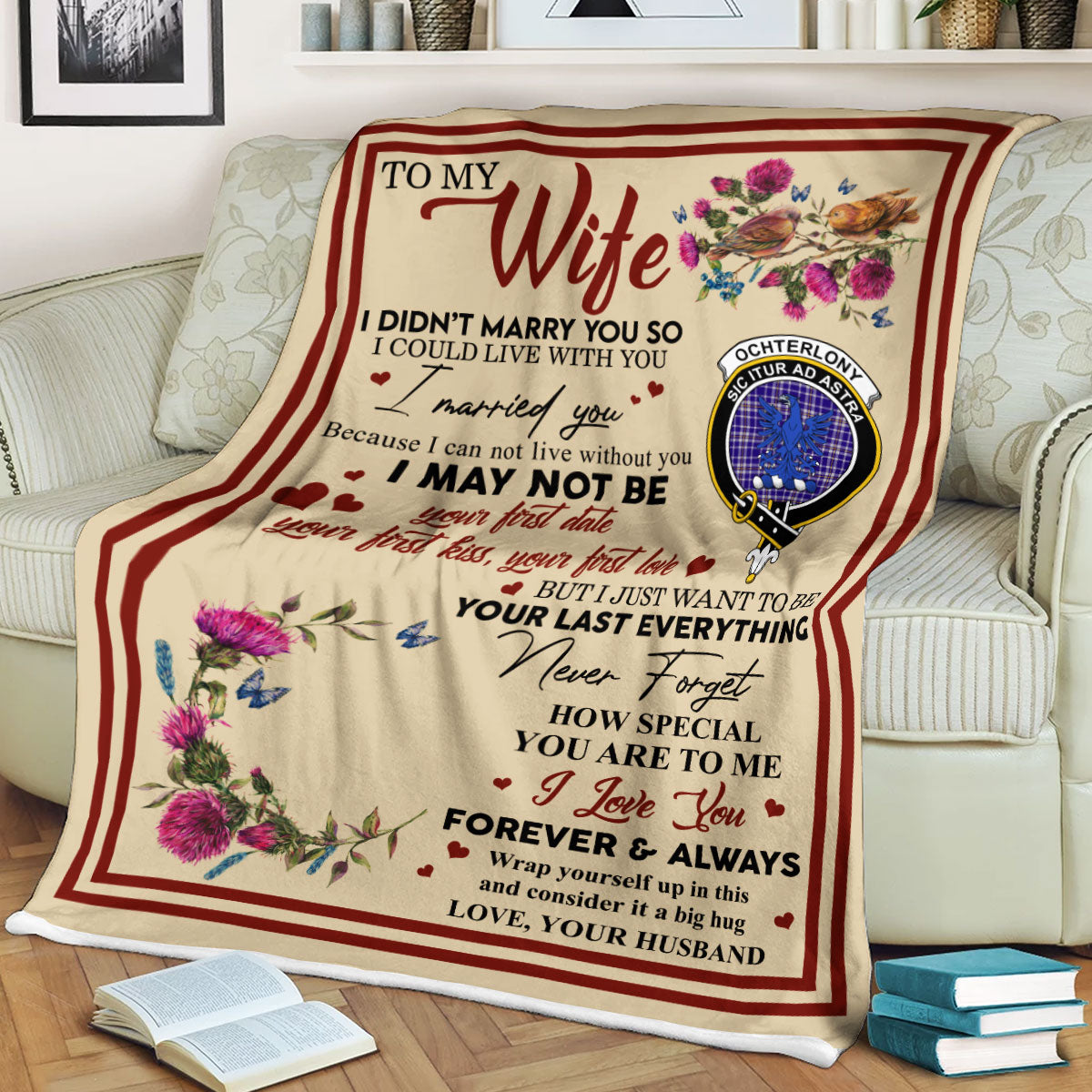 Scots Print Blanket - Ochterlony Tartan Crest Blanket To My Wife Style, Gift From Scottish Husband