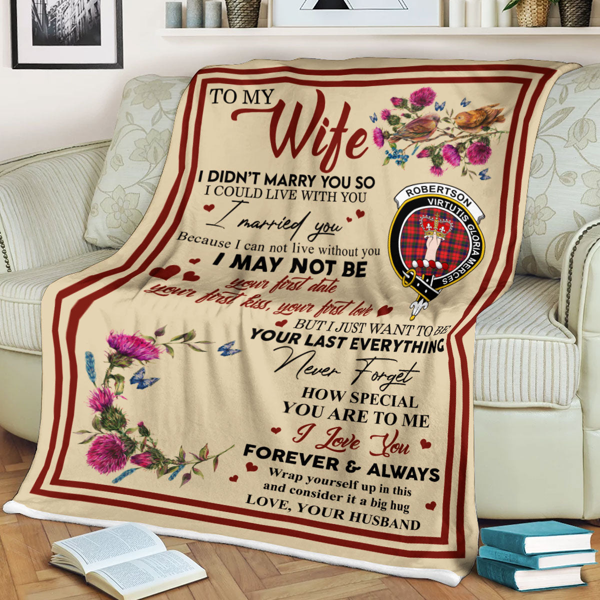 Scots Print Blanket - Robertson Tartan Crest Blanket To My Wife Style, Gift From Scottish Husband