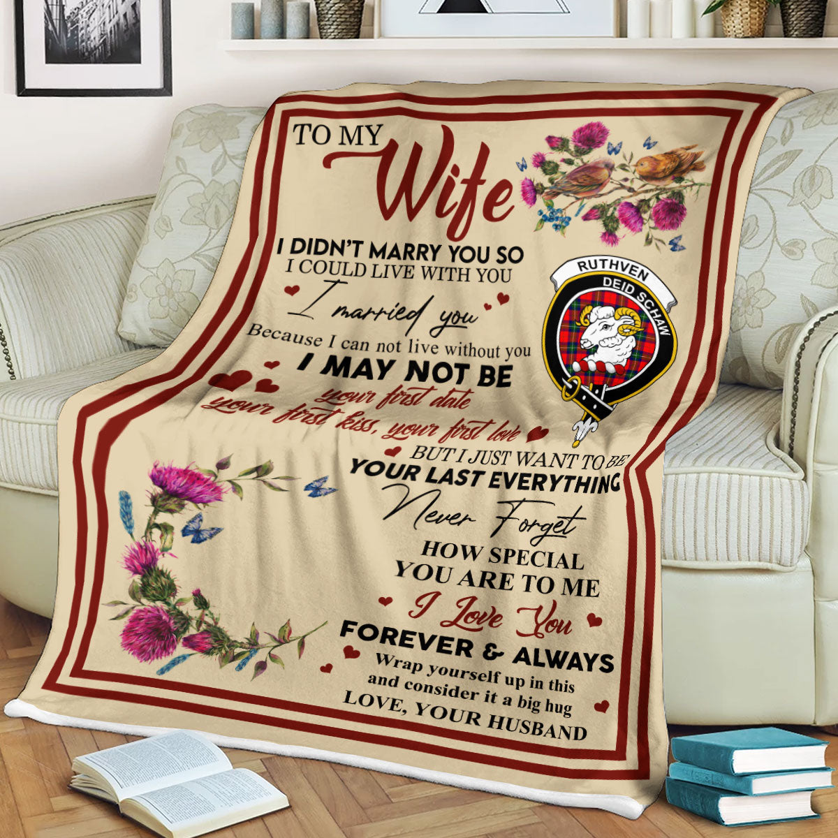 Scots Print Blanket - Ruthven Tartan Crest Blanket To My Wife Style, Gift From Scottish Husband