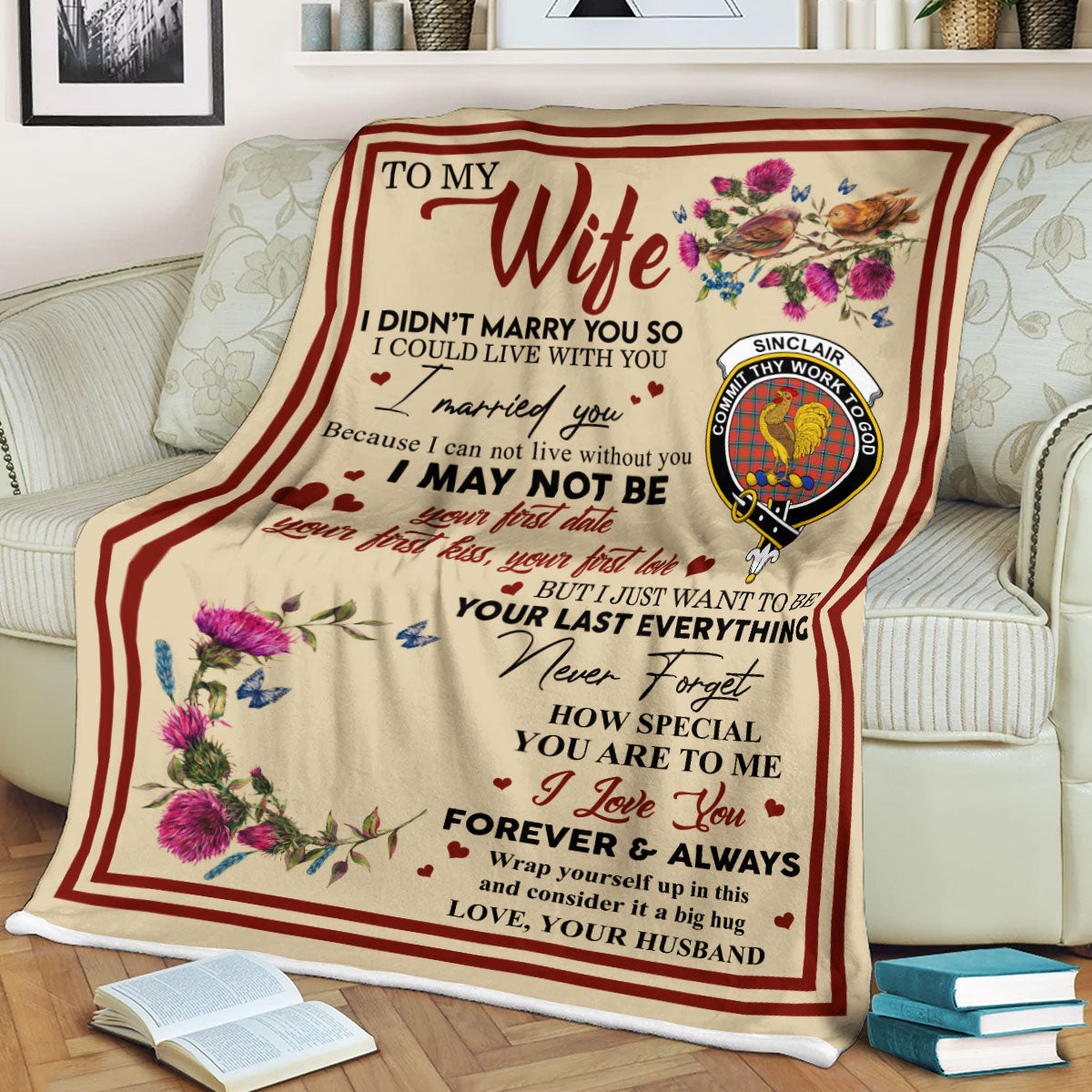Scots Print Blanket - Sinclair Tartan Crest Blanket To My Wife Style, Gift From Scottish Husband