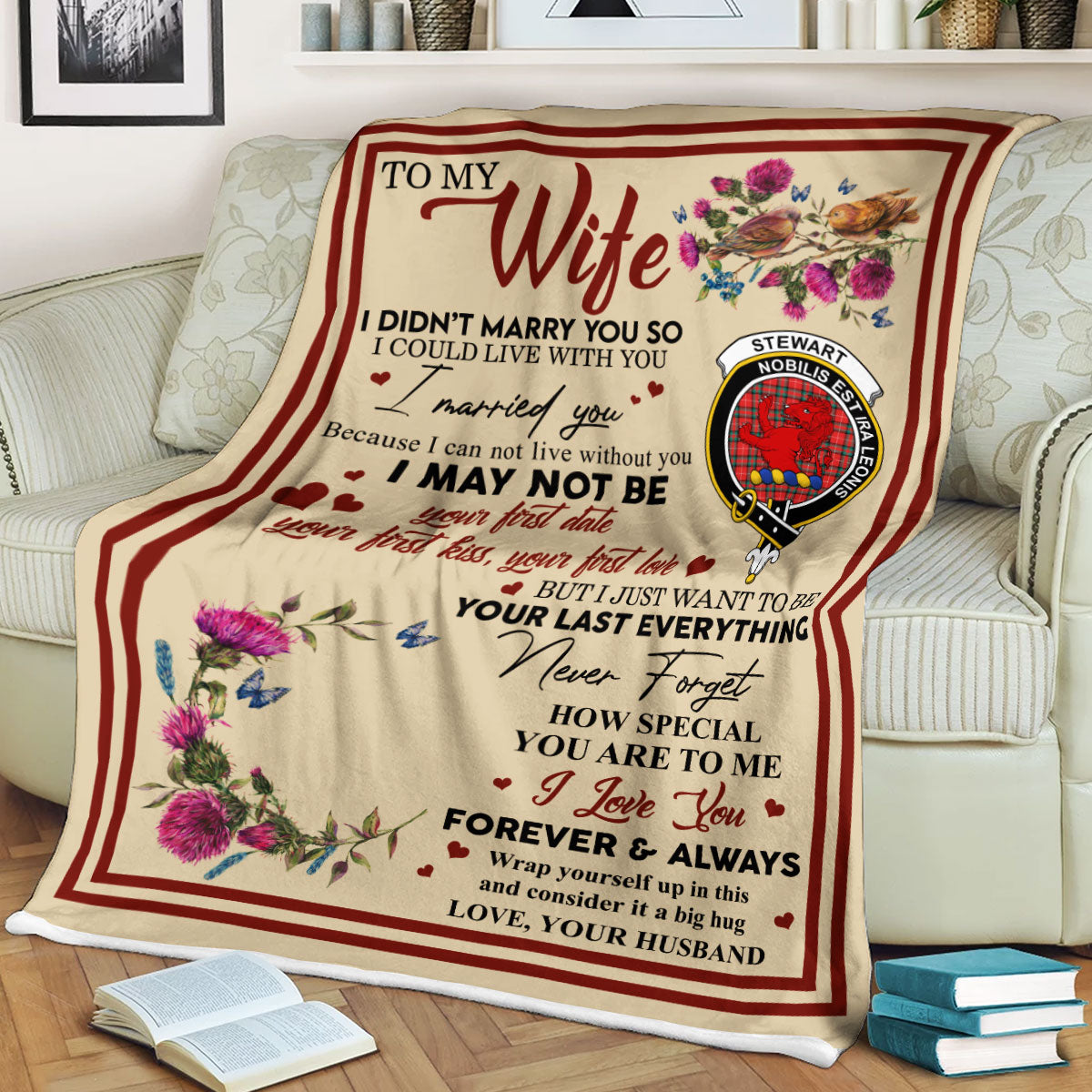 Scots Print Blanket - Stewart (Stuart) of Bute Tartan Crest Blanket To My Wife Style, Gift From Scottish Husband