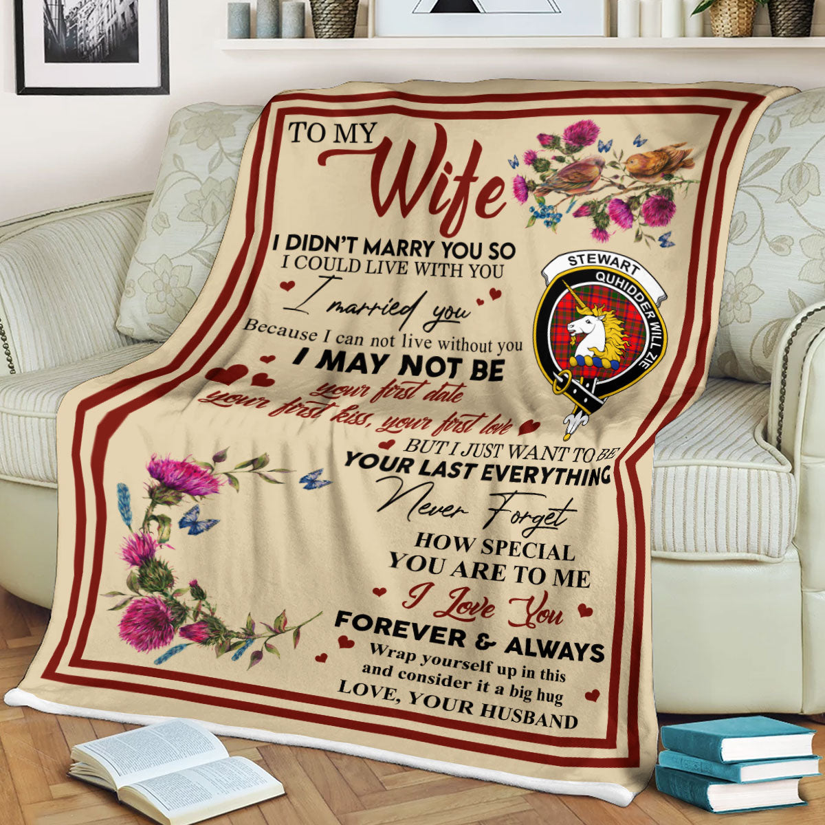 Scots Print Blanket - Stewart (of Appin) Tartan Crest Blanket To My Wife Style, Gift From Scottish Husband
