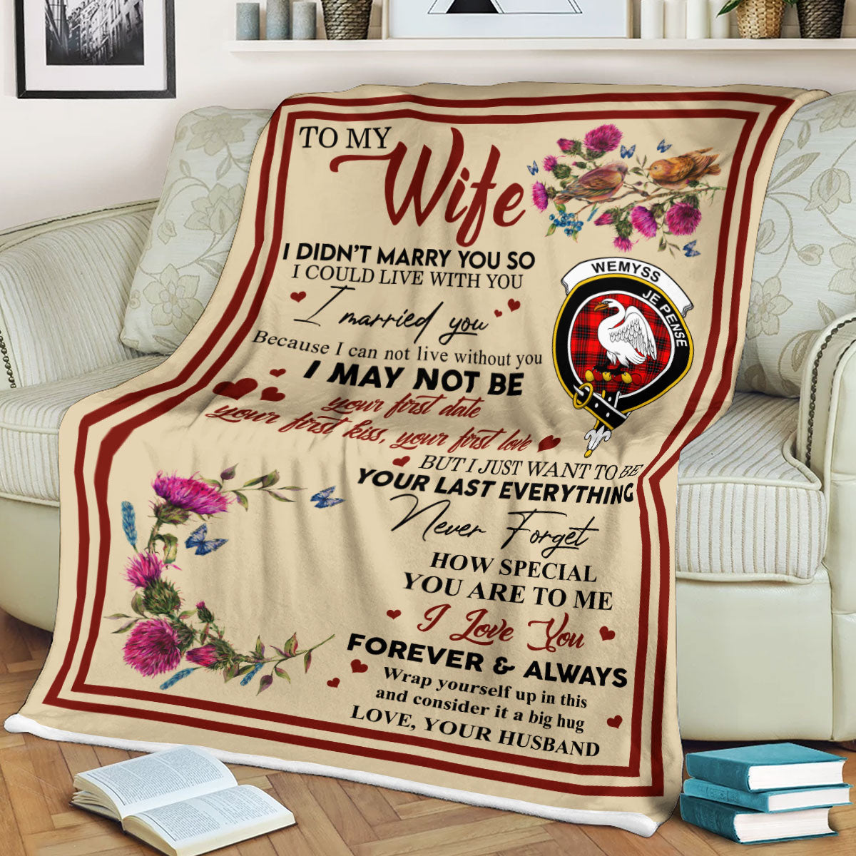 Scots Print Blanket - Wemyss Tartan Crest Blanket To My Wife Style, Gift From Scottish Husband