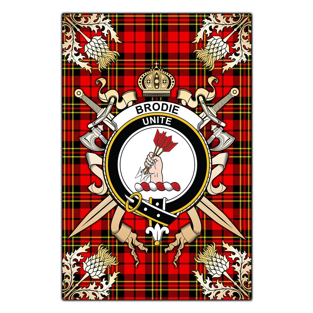 Brodie Modern Tartan Crest Black Garden Flag - Gold Thistle Style