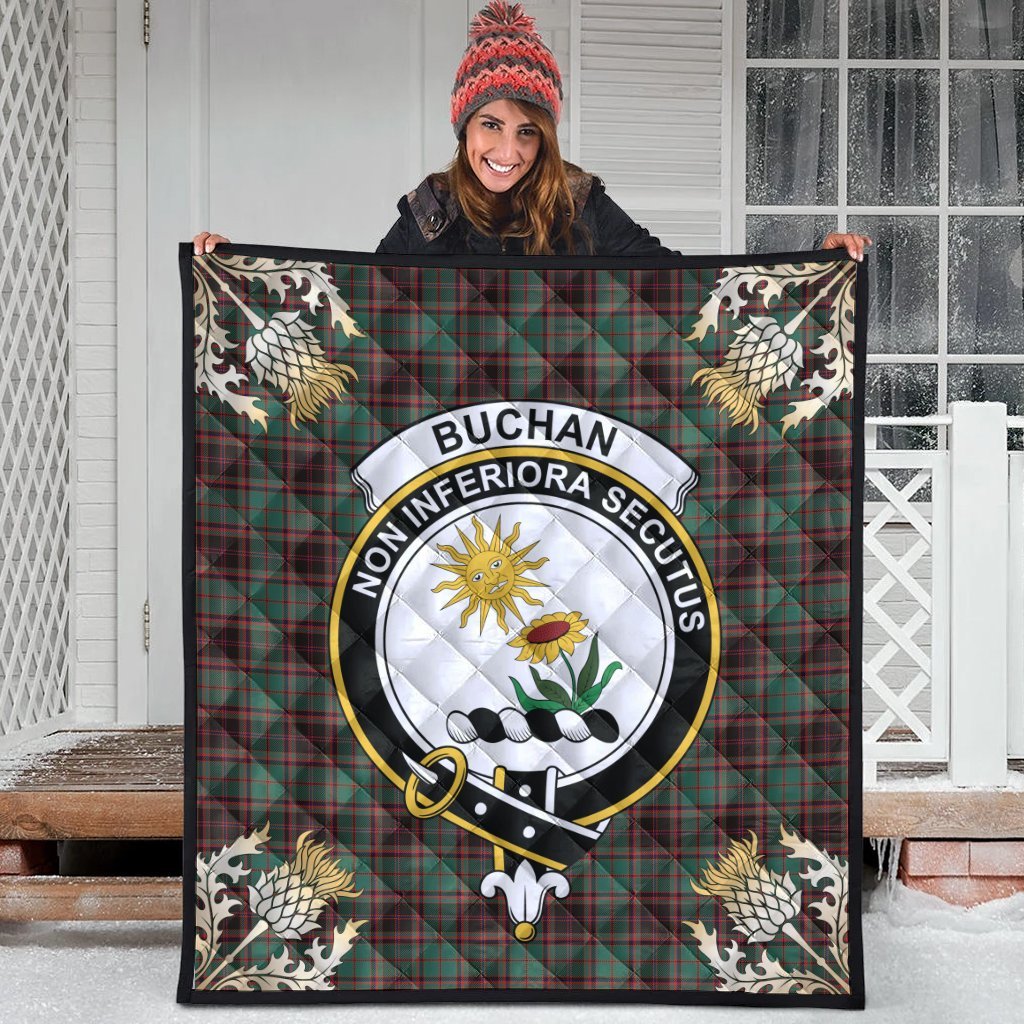 Buchan Ancient Tartan Crest Premium Quilt - Gold Thistle Style