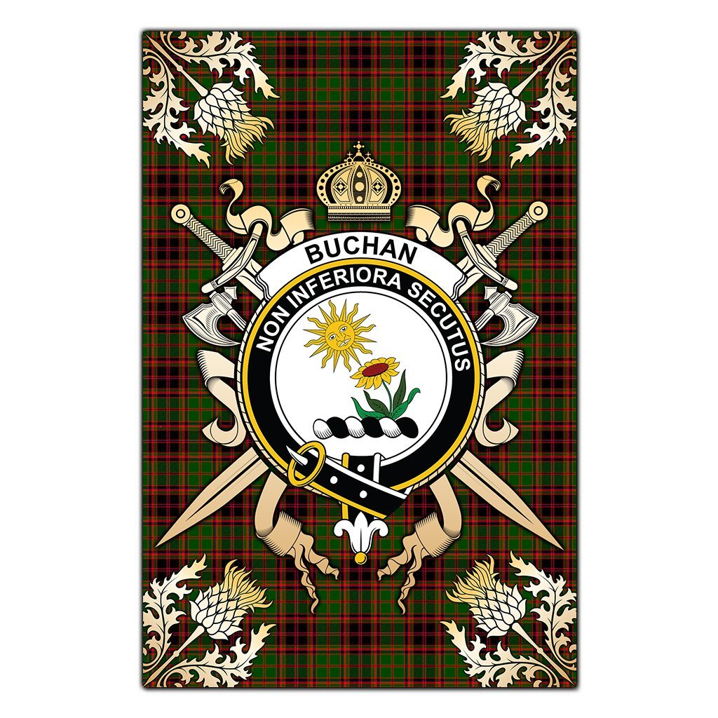 Buchan Modern Tartan Crest Black Garden Flag - Gold Thistle Style