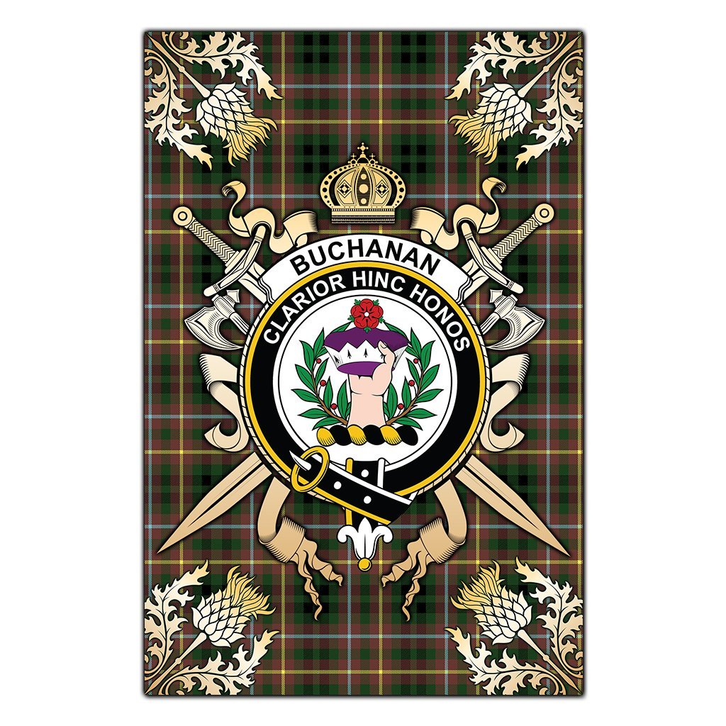 Buchanan Hunting Tartan Crest Black Garden Flag - Gold Thistle Style