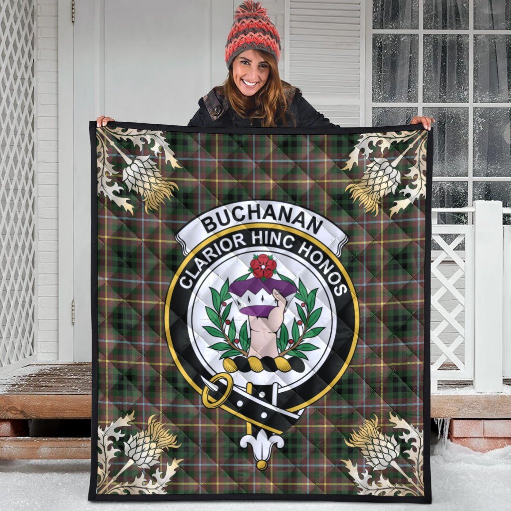 Buchanan Hunting Tartan Crest Premium Quilt - Gold Thistle Style