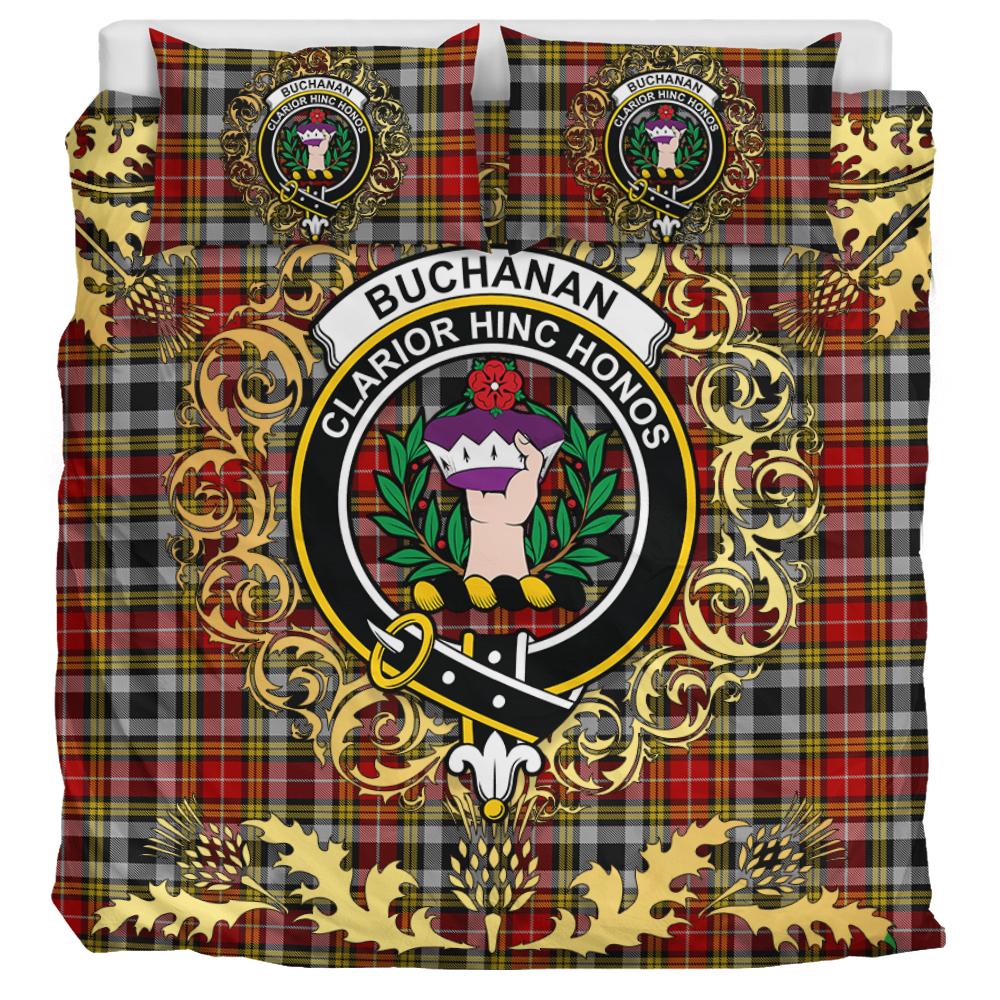 Buchanan Old Dress Tartan Crest Bedding Set - Golden Thistle Style